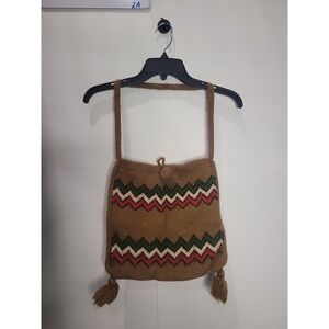 Zwicker knit bag, protective lining, brown with green/white/red zig zag, Vintage